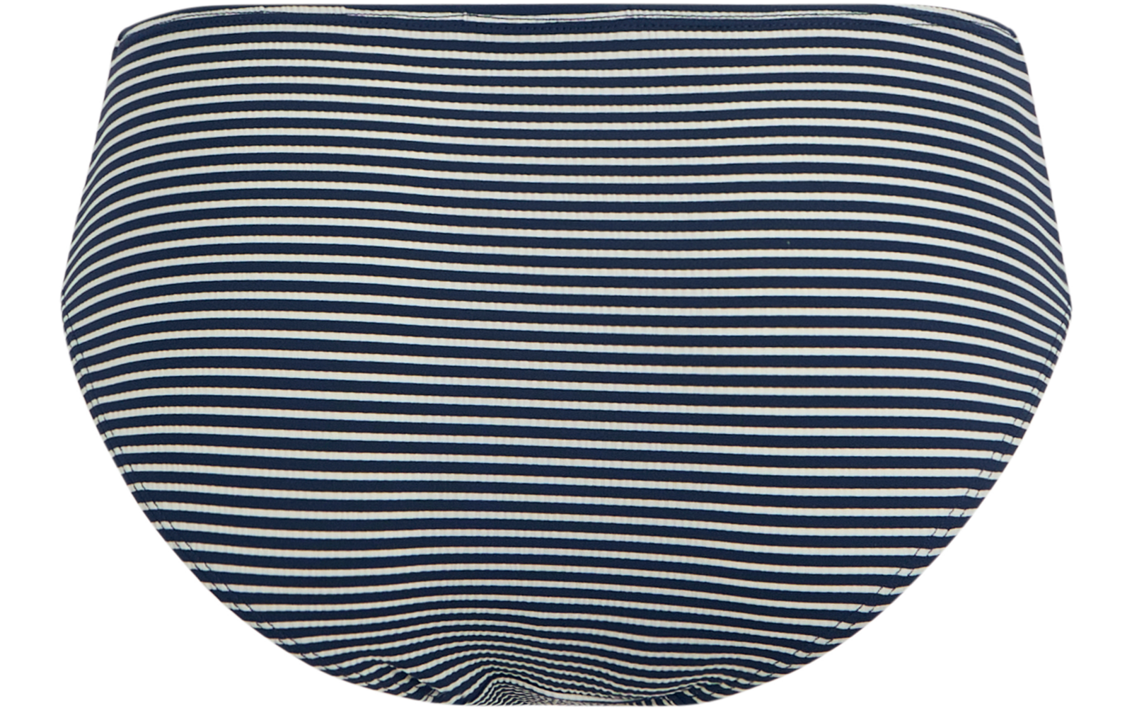 Rückansicht eines dunkelblau-weiß gestreiften Slips auf weißem Hintergrund