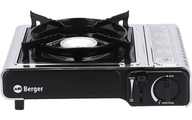 Fornellino nero a un fuoco con pannello laterale argentato, bruciatore rotondo, griglia nera, manopola a destra e logo 'Berger' sul davanti