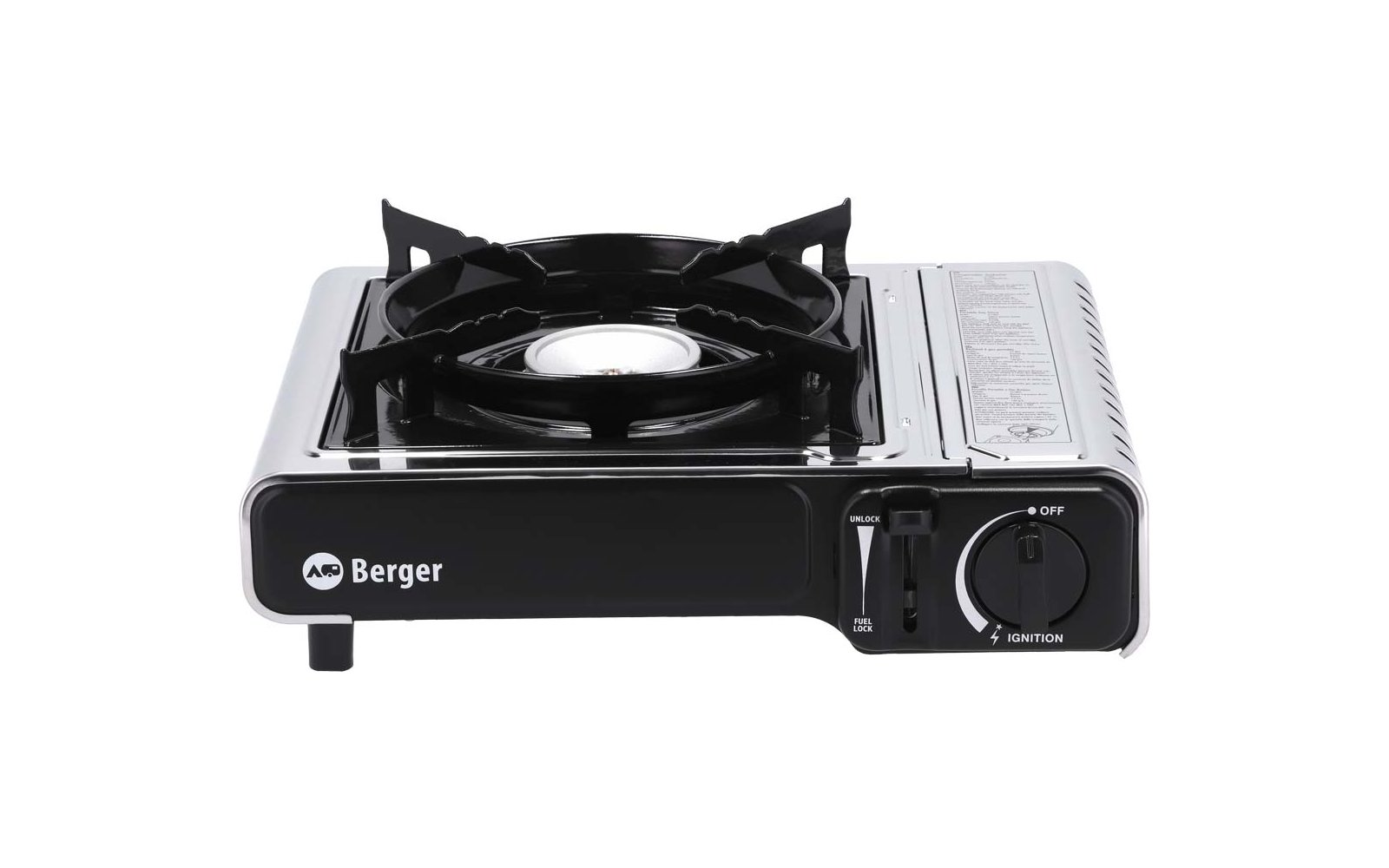 Fornellino nero a un fuoco con pannello laterale argentato, bruciatore rotondo, griglia nera, manopola a destra e logo 'Berger' sul davanti