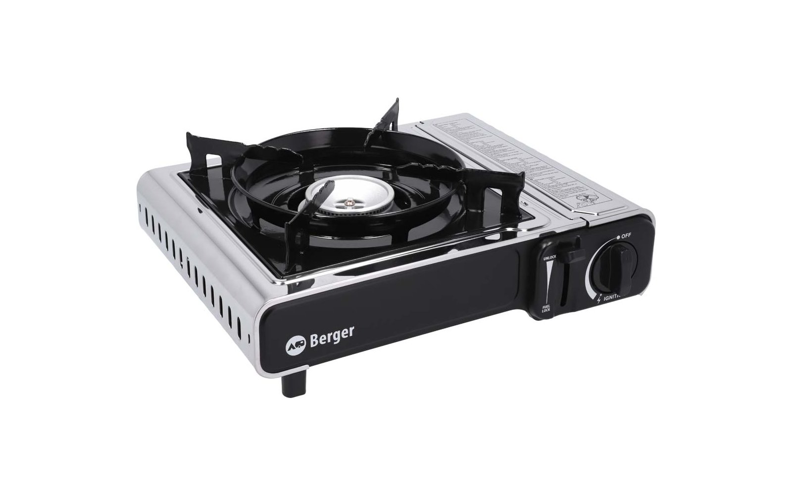 Scocca metallica con bruciatore rotondo nero, griglia, superficie argentata, manopola a destra e logo 'Berger' sul davanti