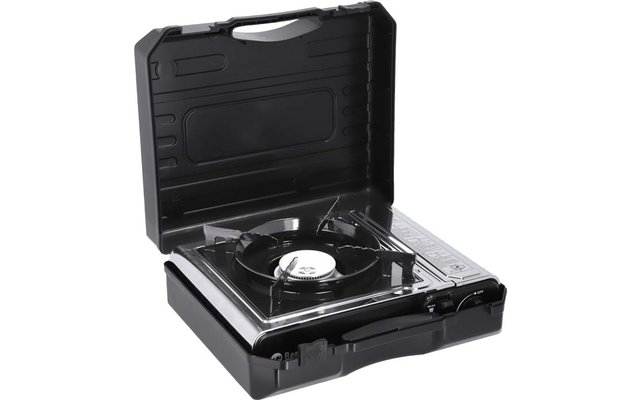 Fornello portatile a un fuoco in valigetta di plastica nera con coperchio aperto, piano in acciaio inox, bruciatore rotondo e supporti per pentole visibili