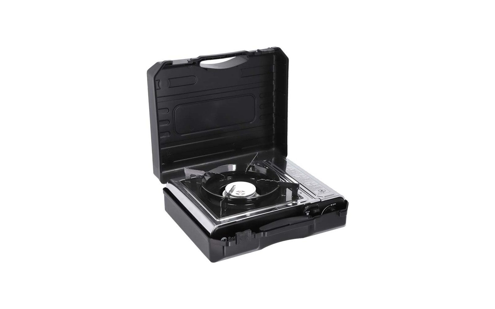 Fornello portatile a un fuoco in valigetta di plastica nera con coperchio aperto, piano in acciaio inox, bruciatore rotondo e supporti per pentole visibili