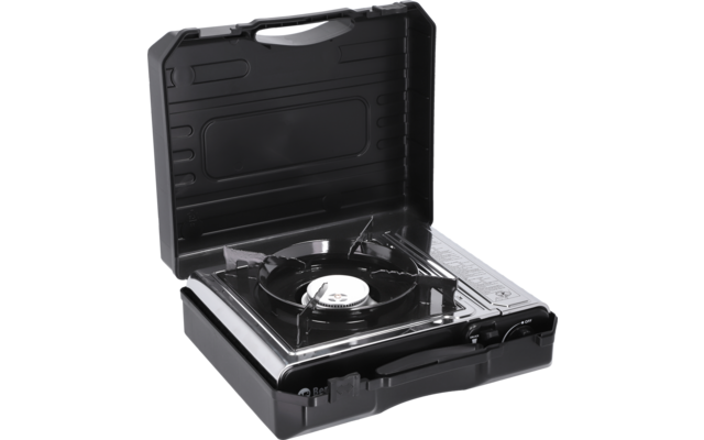 Tragbarer einflammiger Gaskocher in schwarzem Kunststoffkoffer mit geöffnetem Deckel, Edelstahloberseite, runder Brenner und Topfträger sichtbar