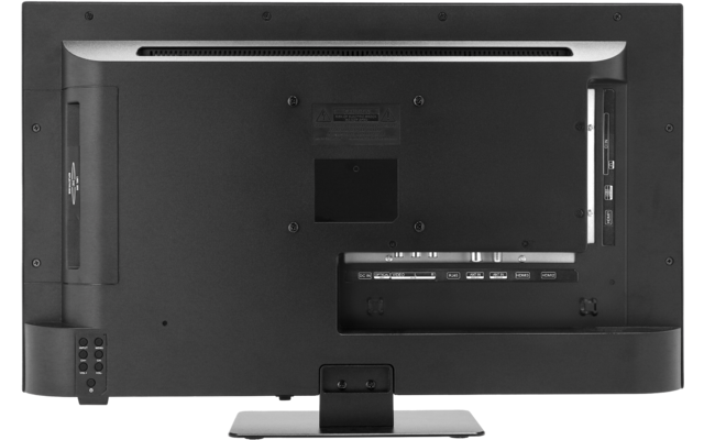 Rückseite eines Flachbildfernsehers mit Anschlüssen und Standfuß