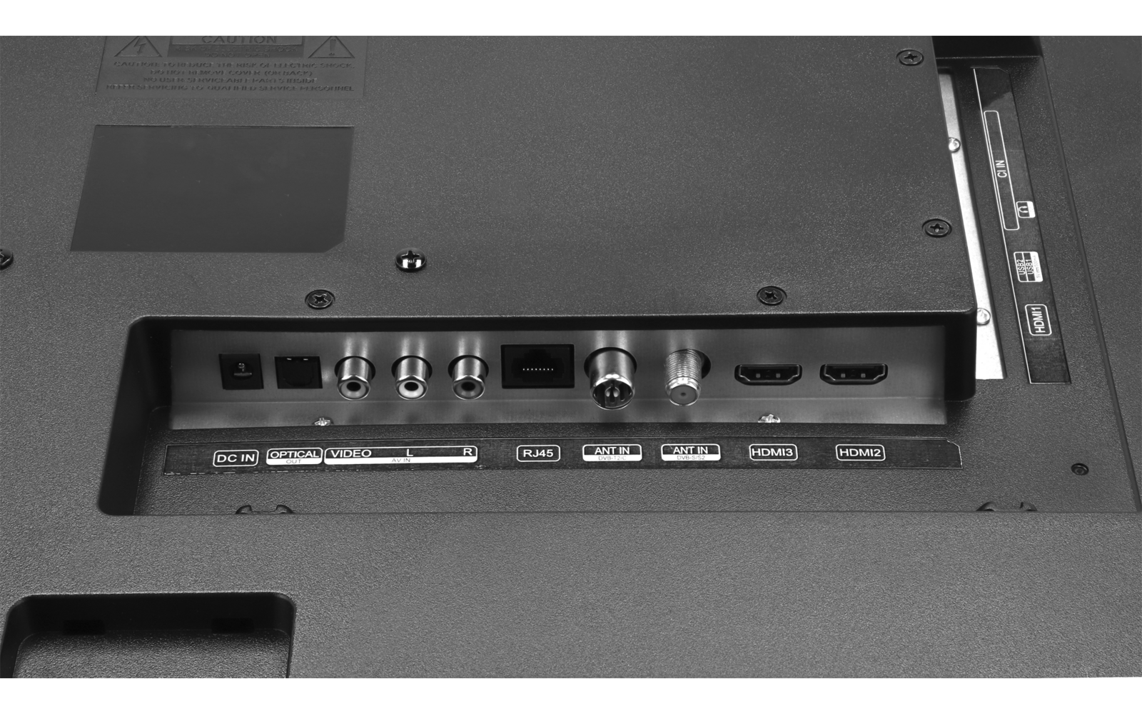 Rückseite eines elektronischen Geräts mit mehreren Anschlussbuchsen und USB-Ports