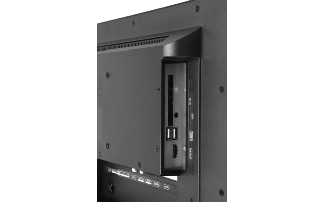 Seitenansicht eines Fernsehers mit sichtbarem Anschlussfeld