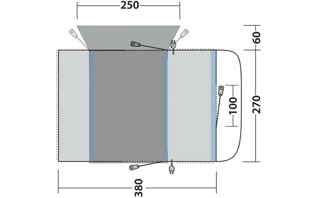 Technische Zeichnung eines rechteckigen Objekts mit Maßen in Millimetern