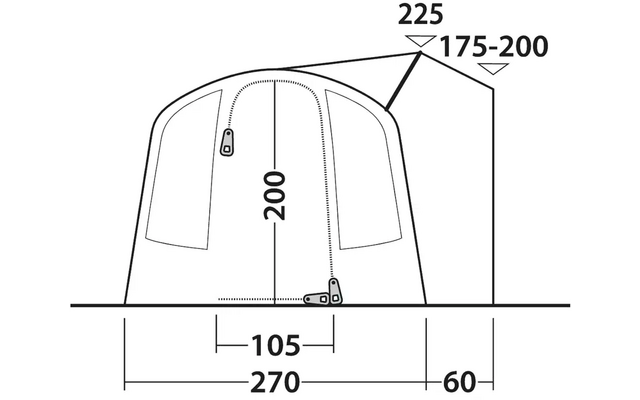 Skizze eines Zeltes mit Maßen in Zentimetern