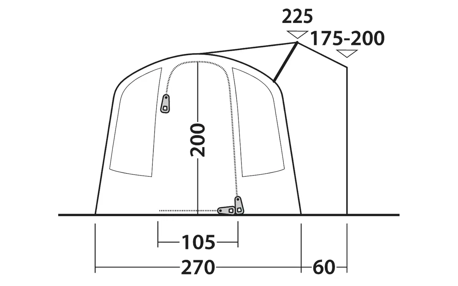 Skizze eines Zeltes mit Maßen in Zentimetern