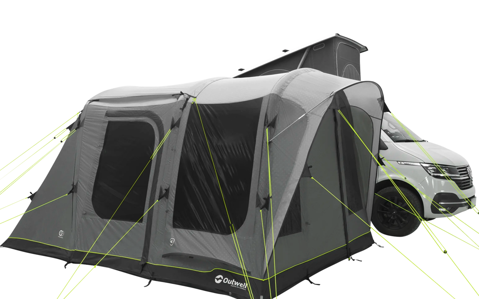 Großes graues Familienzelt mit vielen Fenstern und grünem Vorzelt