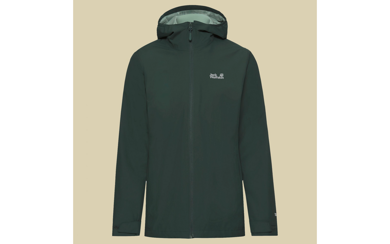 Donkergroene capuchonjas met ritssluiting over de hele lengte, lange mouwen en klein wit logo op de linkerborst