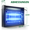 Elektronische Fliegenfalle mit blauen Lichtröhren und Abmessungen in Zentimetern