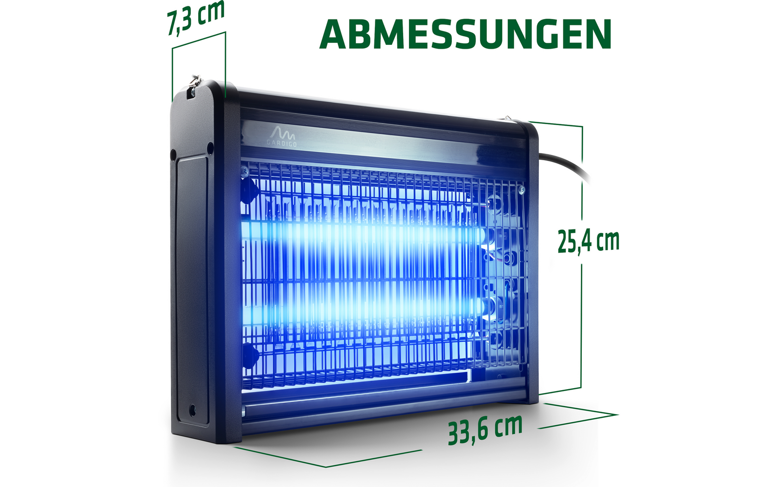 Elektronische Fliegenfalle mit blauen Lichtröhren und Abmessungen in Zentimetern