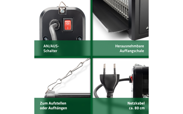 Drei Bilder: links ein An/Aus-Schalter an einem Metallgestell, Mitte eine herausnehmbare Aufhängung in einem Metallrahmen, rechts ein Metallhaken mit Kette zum Aufhaken und ein herausziehbares Griffstück