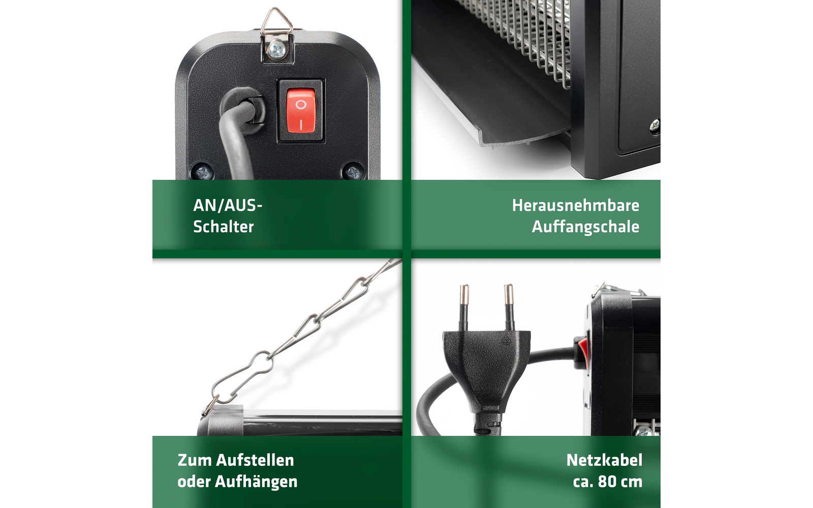 Drei Bilder: links ein An/Aus-Schalter an einem Metallgestell, Mitte eine herausnehmbare Aufhängung in einem Metallrahmen, rechts ein Metallhaken mit Kette zum Aufhaken und ein herausziehbares Griffstück