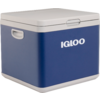 Blaue und weiße Kühlbox mit hellgrauem Deckel, seitlichem Tragegriff und Schriftzug "IGLOO" vorne