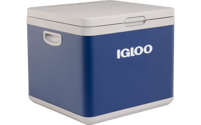 Blaue und weiße Kühlbox mit hellgrauem Deckel, seitlichem Tragegriff und Schriftzug "IGLOO" vorne