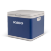 Blaue und weiße Kühlbox mit Deckel, seitlichem Griff und weißem Schriftzug 'IGLOO'
