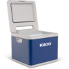 Blaue rechteckige Box mit weißem, geöffnetem Deckel, IGLOO-Logo auf der Vorderseite, Innenraum sichtbar
