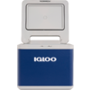 Blaue und weiße Igloo-Kühlbox mit offenem Deckel, Innenraum sichtbar, Igloo-Logo vorne