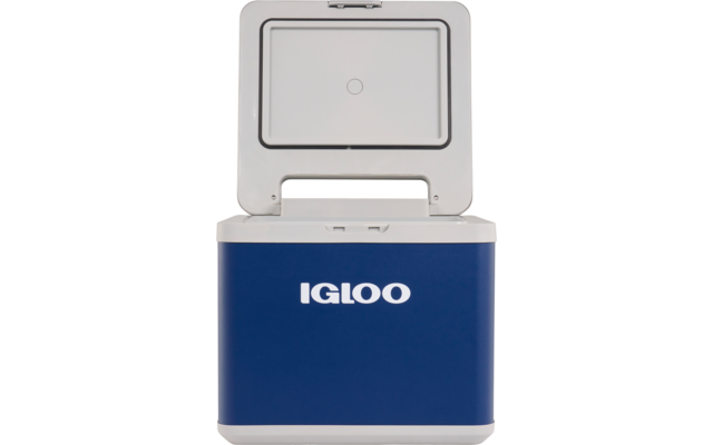 Blaue und weiße Igloo-Kühlbox mit offenem Deckel, Innenraum sichtbar, Igloo-Logo vorne