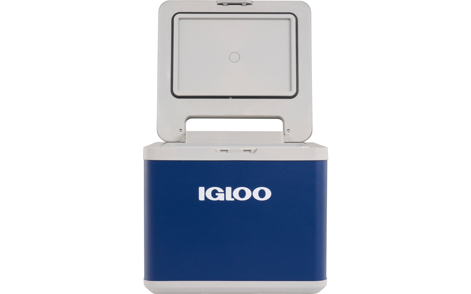 Blaue und weiße Igloo-Kühlbox mit offenem Deckel, Innenraum sichtbar, Igloo-Logo vorne