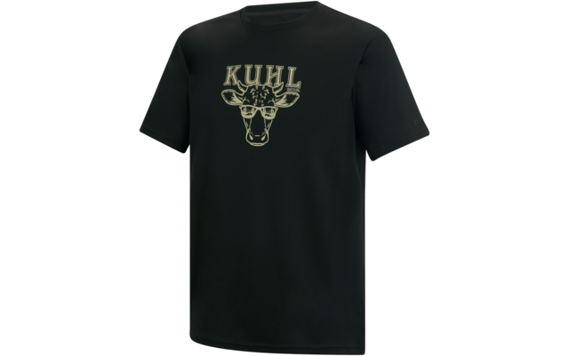Schwarzes T-Shirt mit beige Kuhkopf-Grafik und dem Schriftzug "KUHL" auf der Brust