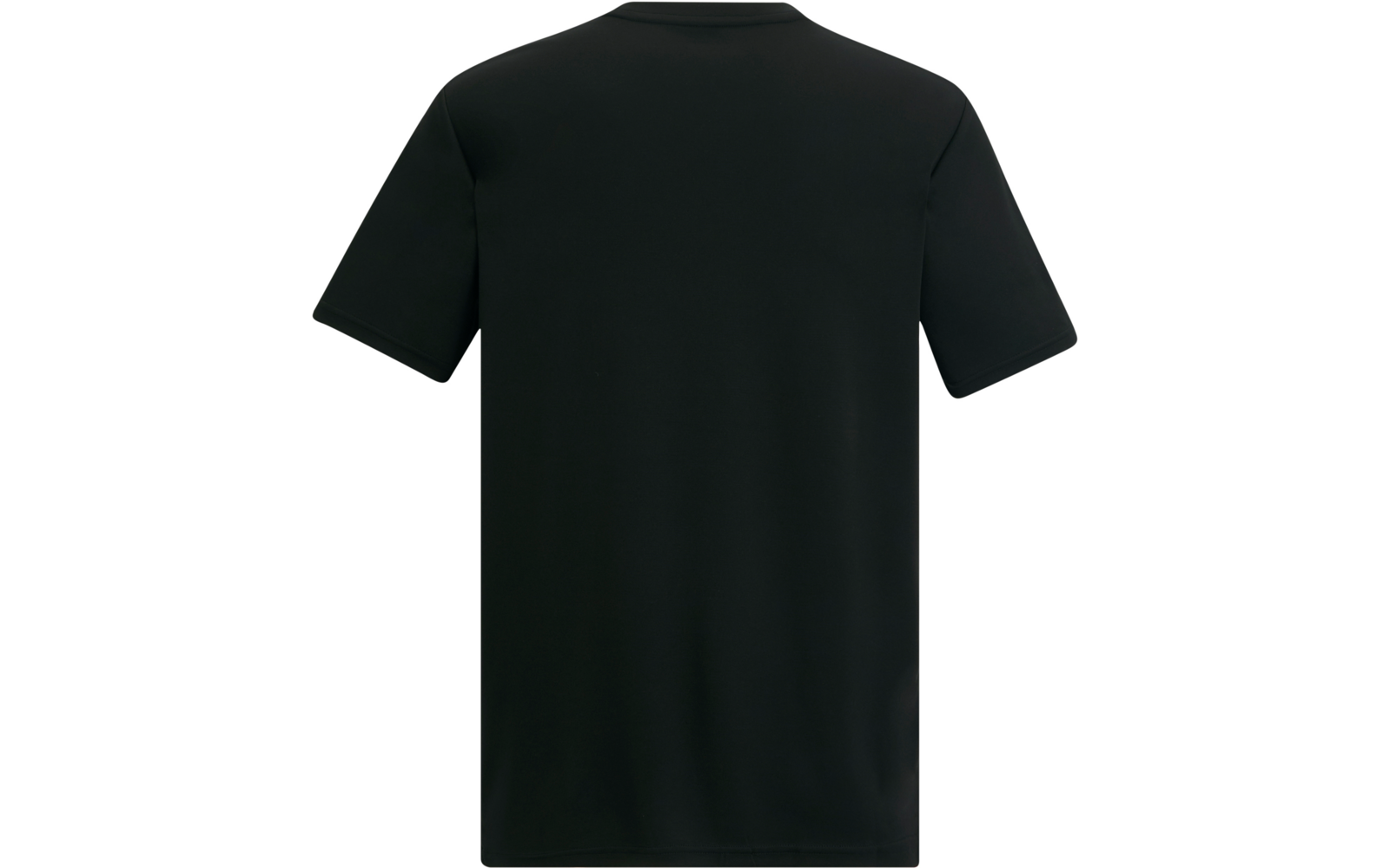 Rückansicht eines schwarzen T‑Shirts mit kurzen Ärmeln auf weißem Hintergrund