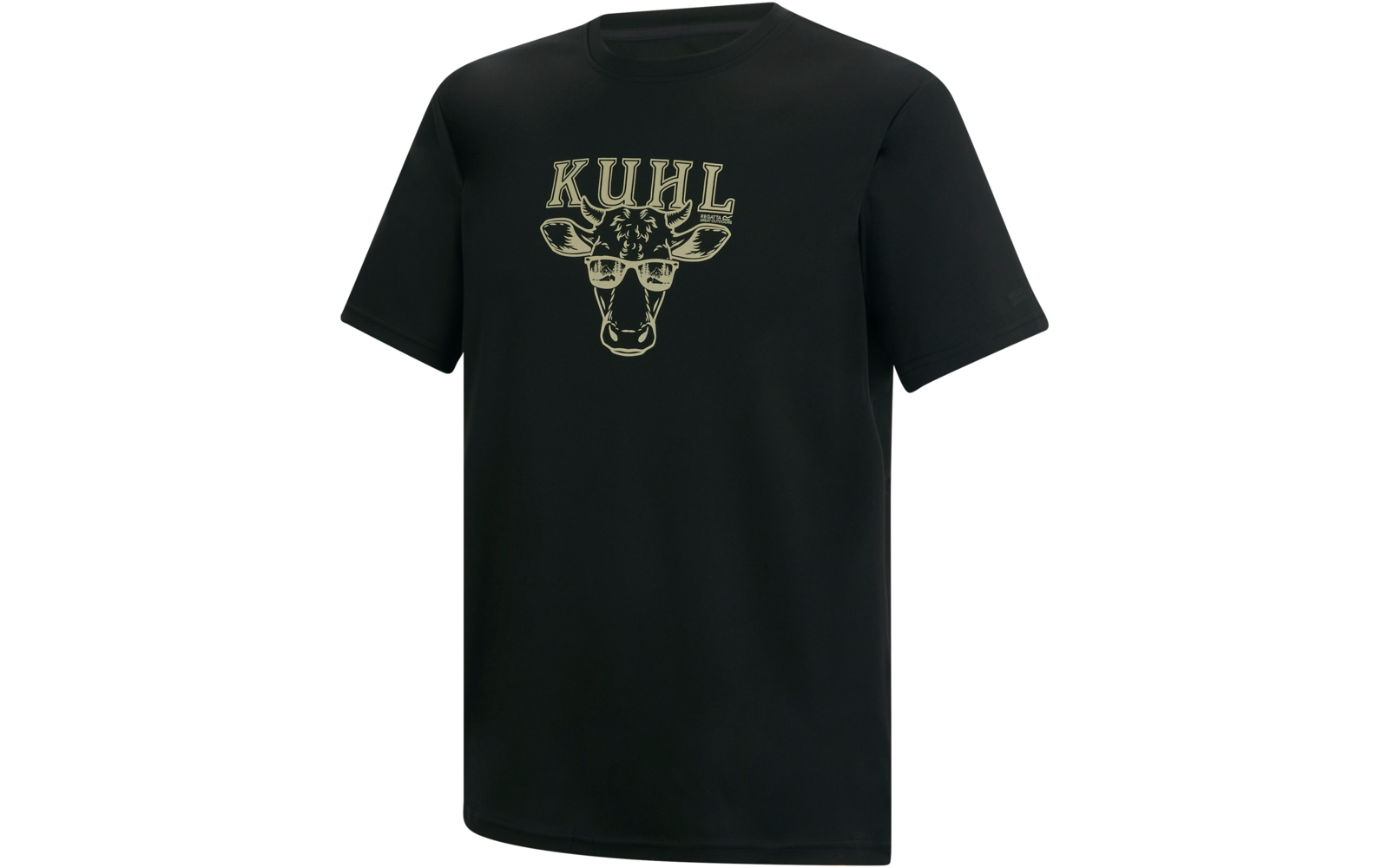 Schwarzes T-Shirt mit beige Kuhkopf-Grafik und dem Schriftzug "KUHL" auf der Brust