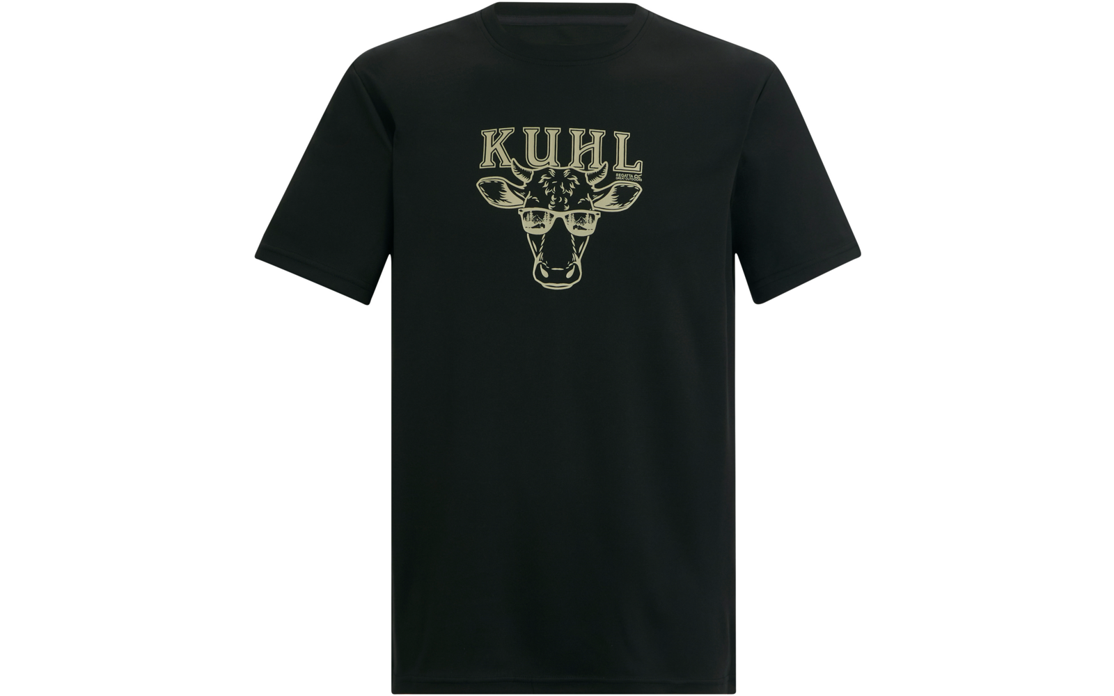 Schwarzes T-Shirt mit hellbeiger Grafik eines Kuhkopfs und dem Schriftzug "KUHL" darüber