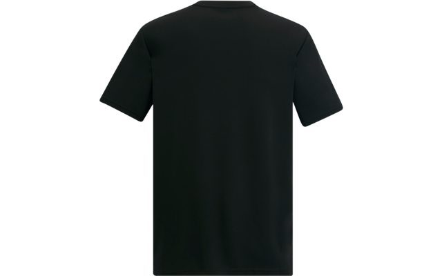 Rückansicht eines schwarzen T‑Shirts mit kurzen Ärmeln auf weißem Hintergrund