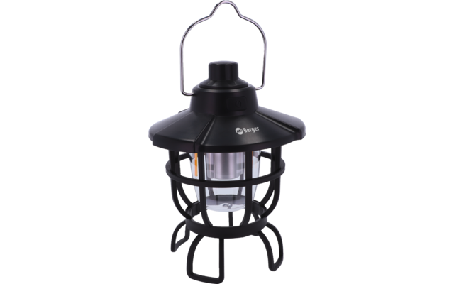 Schwarze Laterne mit Tragebügel, Schutzgitter, transparentem Lampengehäuse und sichtbarem Logo Berger