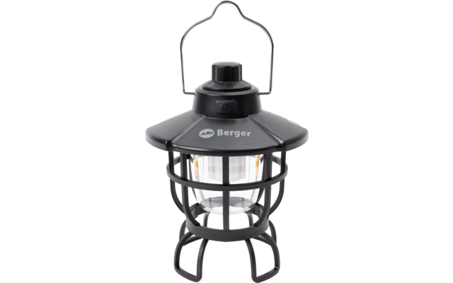 Lanterne noire avec grille métallique, cylindre transparent en plastique, crochet de suspension dessus et inscription "Berger"
