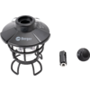 Lampe noire avec boîtier supérieur, cage métallique et lumière visible ; à côté une pile cylindrique et un cache rond en plastique
