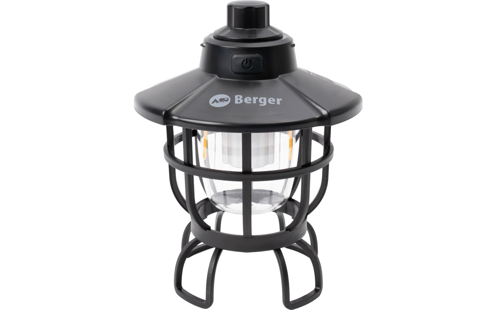 Lampe gris-noir avec cage métallique ronde, abat-jour en verre transparent, bouton noir sur le dessus et logo 'Berger'