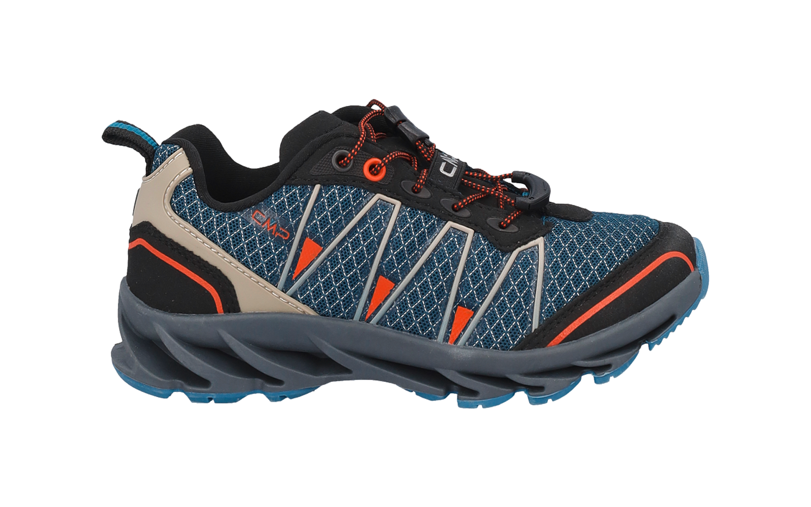 Blauer Sneaker mit Netzmuster, orangefarbenen Akzenten, schwarzen Details, zweifarbigen Schnürsenkeln und grauer geformter Sohle