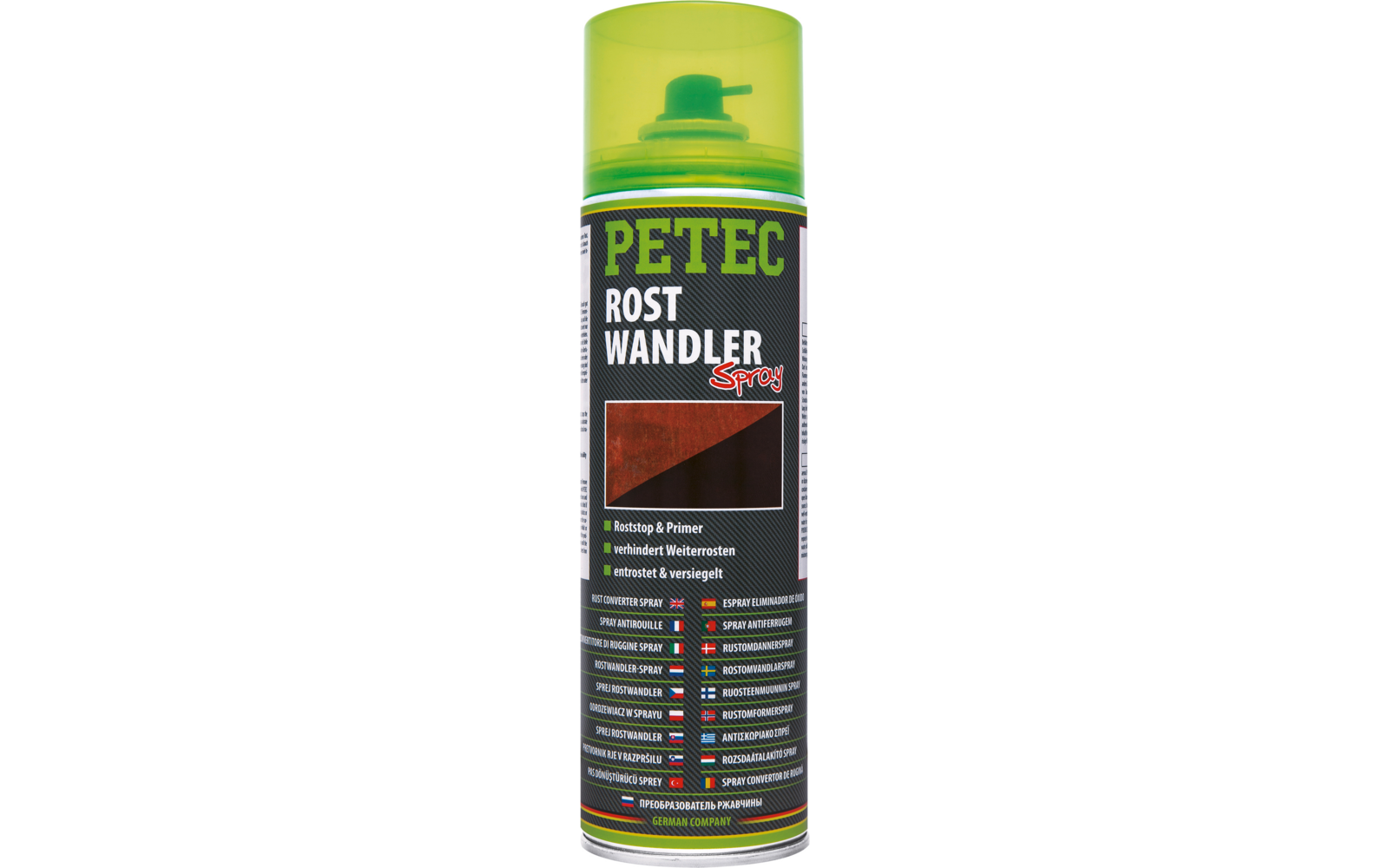 Grün-gelbe Spraydose mit durchsichtigem grünem Deckel. Schwarzes Etikett mit großem grünen Schriftzug 'PETEC', weißem Schriftzug 'ROST WANDLER' und rotem Wort 'Spray', kleines Foto von rostigem Metall