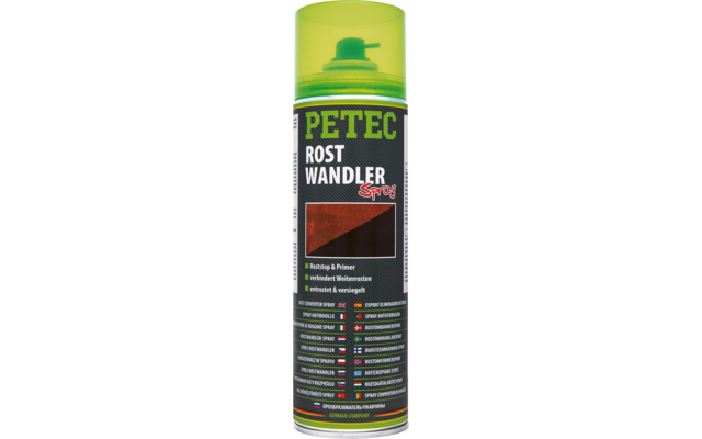 Grün-gelbe Spraydose mit durchsichtigem grünem Deckel. Schwarzes Etikett mit großem grünen Schriftzug 'PETEC', weißem Schriftzug 'ROST WANDLER' und rotem Wort 'Spray', kleines Foto von rostigem Metall