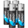 Vier AA-Batterien gruppiert, silberne Oberseiten mit '+'-Zeichen, schwarze Etiketten mit blauem Dreieck und Schrift 'ENERGY'