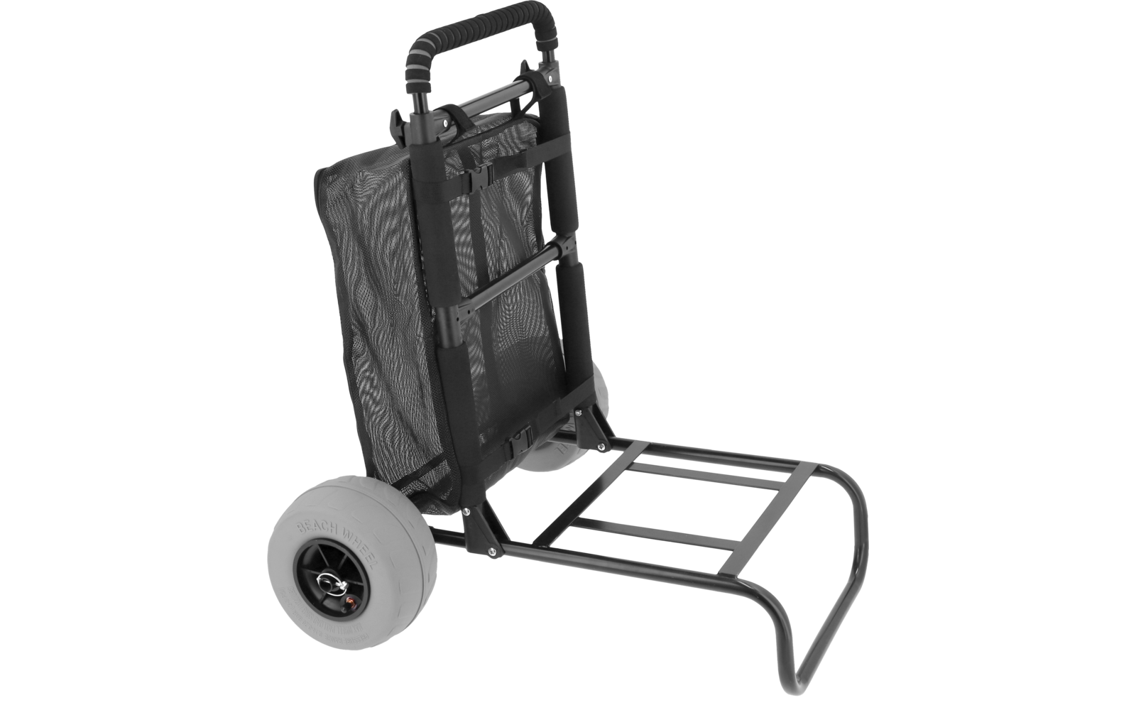 Carretilla plegable con armazón metálico, bolsa de malla, asa telescópica, plataforma de carga abatible y una rueda grande