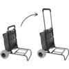 Dos carros de transporte uno al lado del otro con armazón metálico, dos ruedas grandes y bolsa de tela sujeta; a la izquierda plegado, a la derecha con asa telescópica extendida; una flecha curva señala de izquierda a derecha