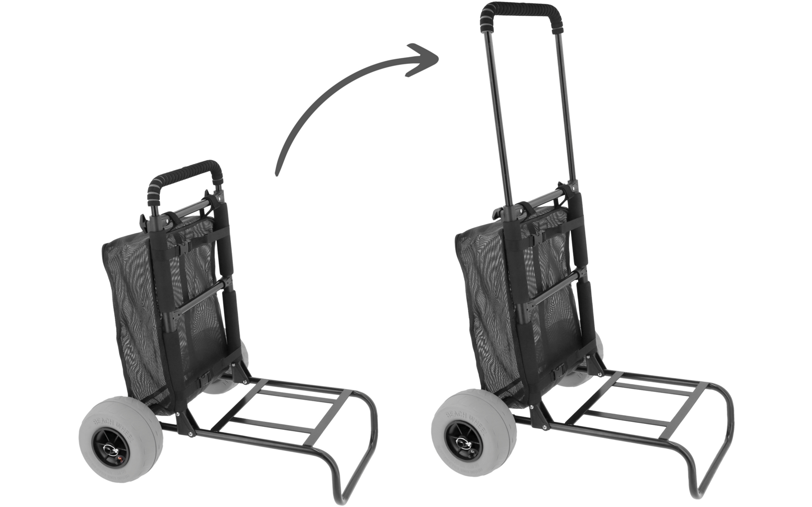 Dos carros de transporte uno al lado del otro con armazón metálico, dos ruedas grandes y bolsa de tela sujeta; a la izquierda plegado, a la derecha con asa telescópica extendida; una flecha curva señala de izquierda a derecha