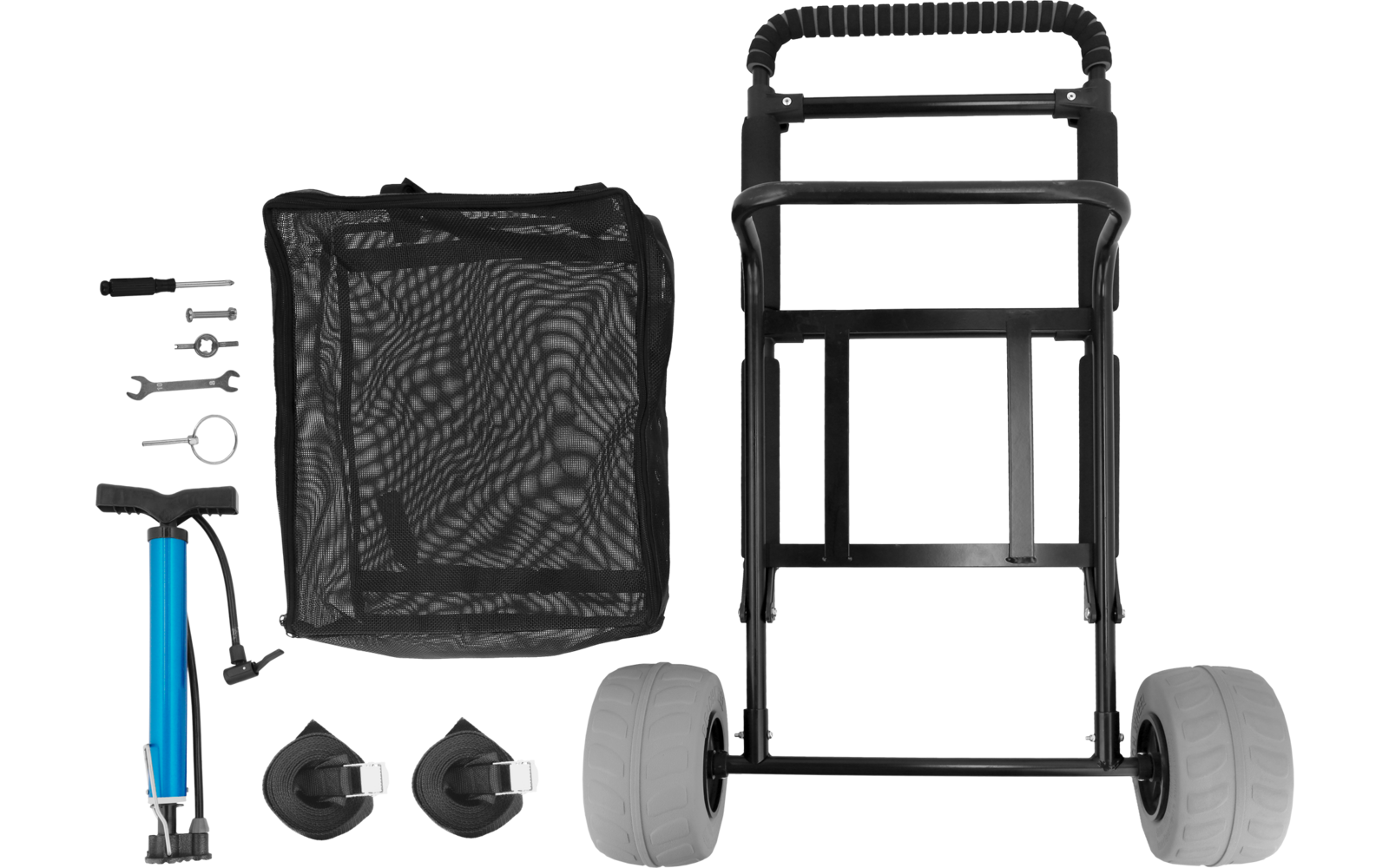 Estructura metálica pintada de negro con asa, dos ruedas grises, bolsa de malla negra, bomba de mano azul y varias piezas pequeñas de metal y plástico dispuestas a un lado