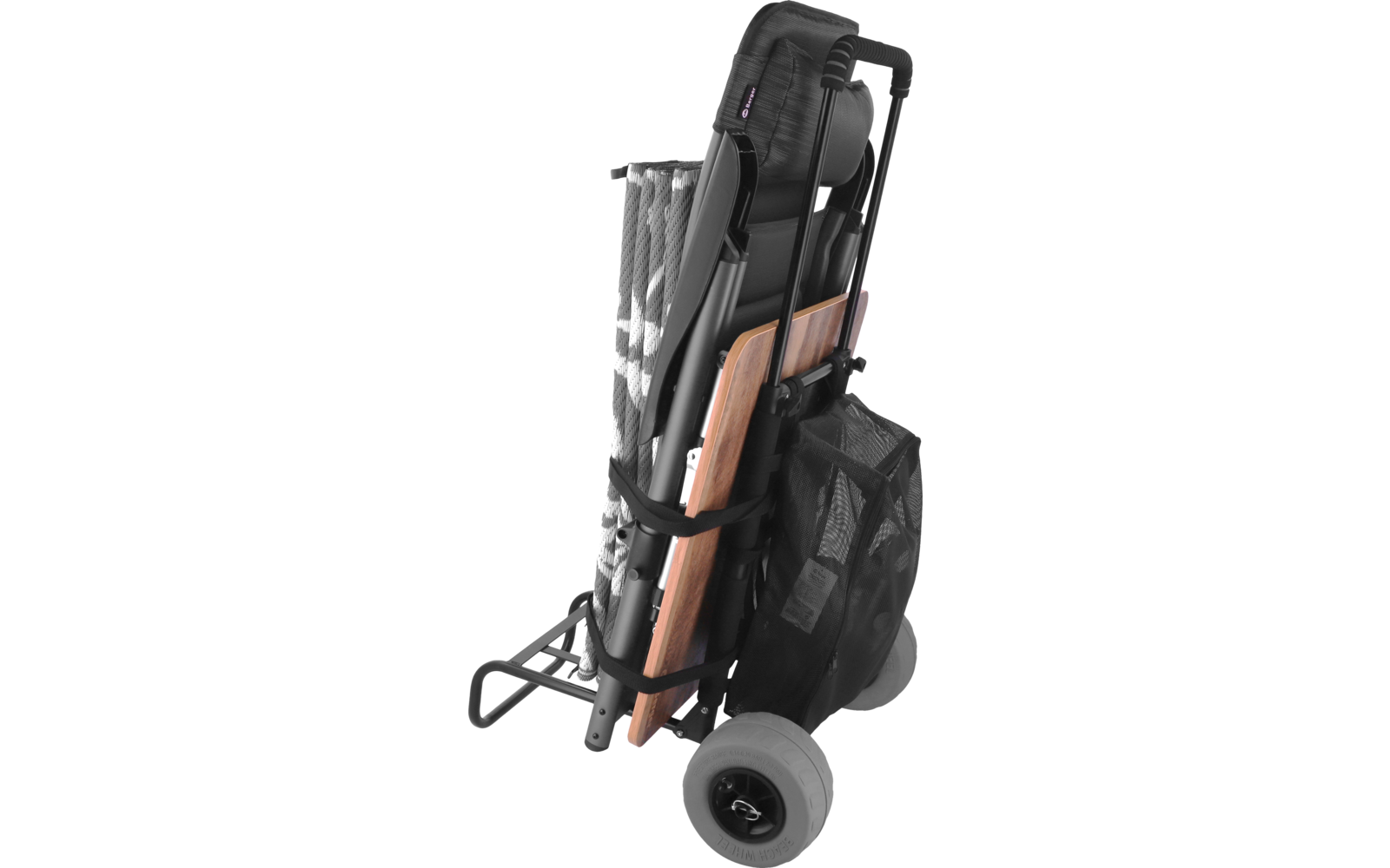 Carro metálico plegado con dos ruedas, cubierta de tela a rayas plegada, una tabla de madera y una bolsa de malla