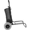 Carrito plegable de dos ruedas con bolsa de tela negra, armazón metálico negro y ruedas de color claro; plataforma frontal desplegada