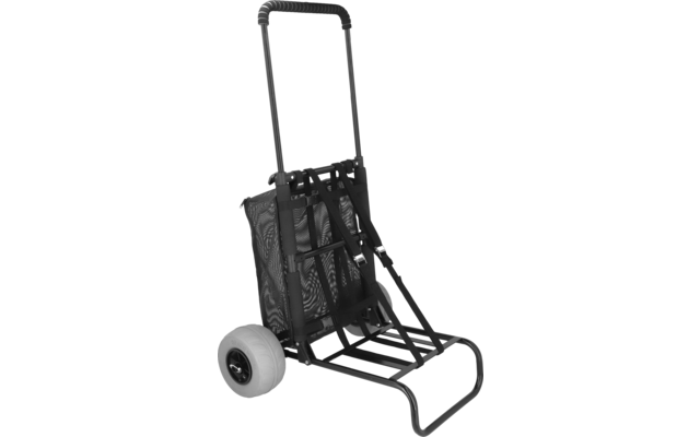 Carro plegable de dos ruedas con armazón metálico negro, bolsa de tejido tipo malla negra, dos ruedas gris claro y mango regulable con empuñadura de espuma