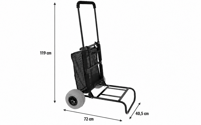 Estructura metálica negra con dos ruedas, bolsa de tela negra, asa telescópica extendida; flechas con medidas 119 cm, 72 cm, 40,5 cm