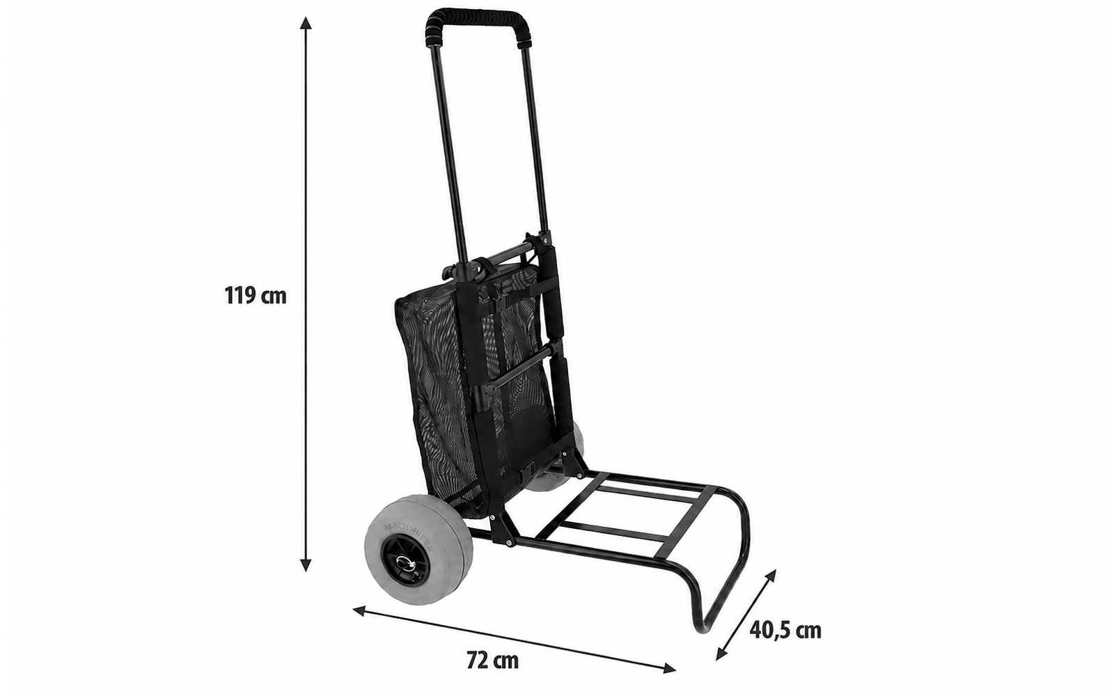 Estructura metálica negra con dos ruedas, bolsa de tela negra, asa telescópica extendida; flechas con medidas 119 cm, 72 cm, 40,5 cm