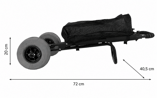 Vista lateral de una estructura metálica negra plegada con dos ruedas grandes, una bolsa de tela negra y un asa; medidas visibles 72 cm, 20 cm, 40,5 cm
