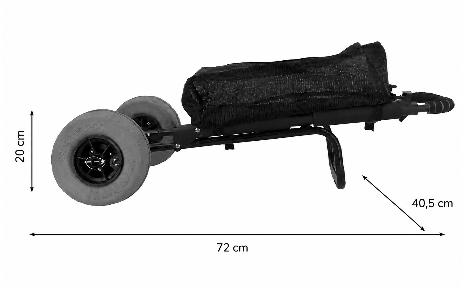 Vista lateral de una estructura metálica negra plegada con dos ruedas grandes, una bolsa de tela negra y un asa; medidas visibles 72 cm, 20 cm, 40,5 cm